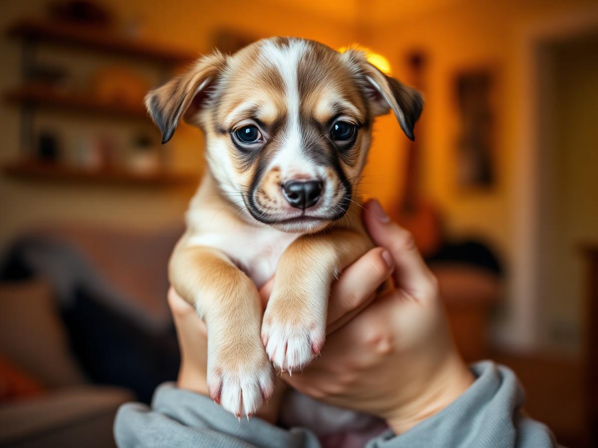 A foster puppy held gently in a volunteer's hands at home