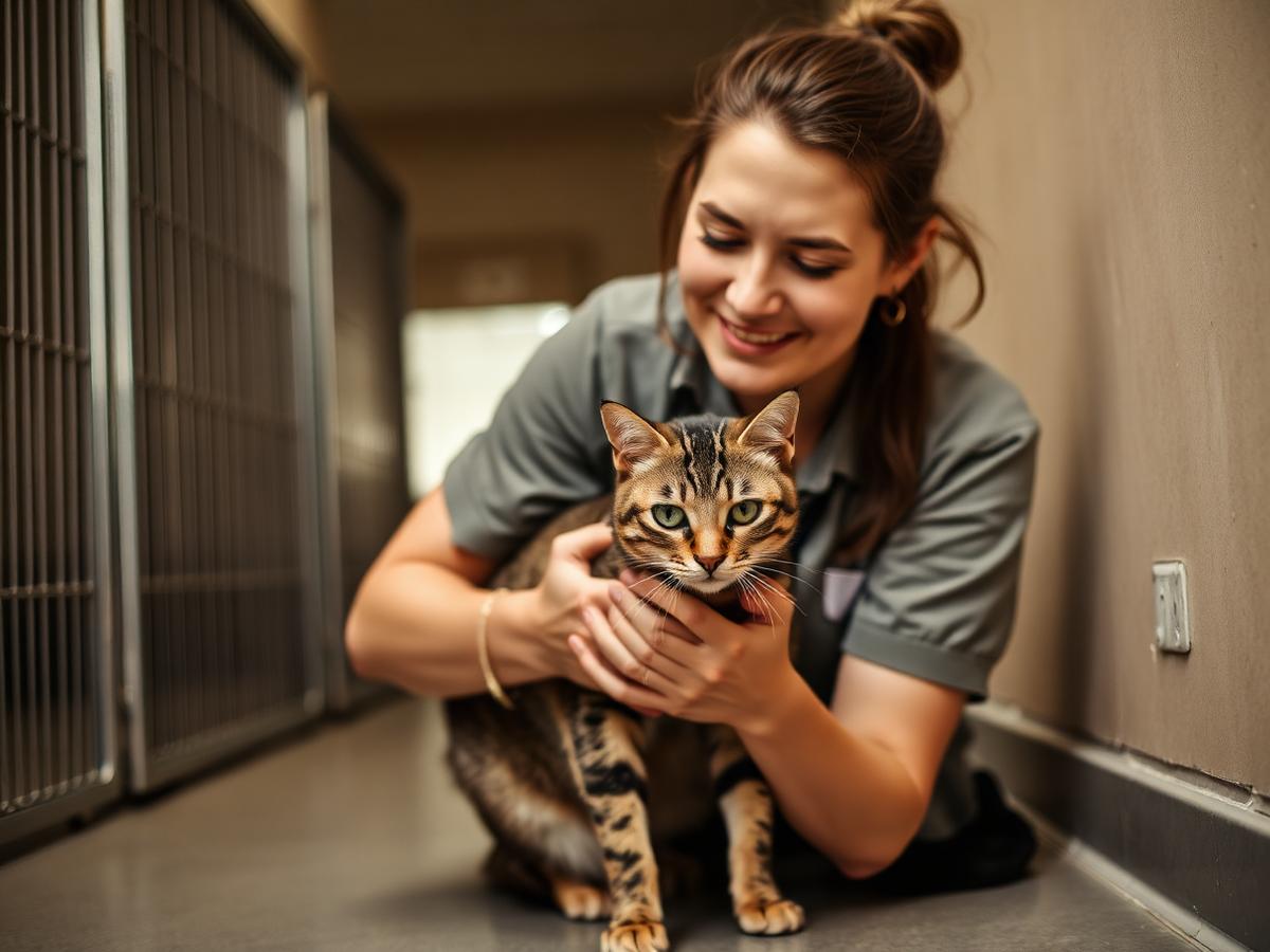 A shelter volunteer kneeling beside a calm tabby cat