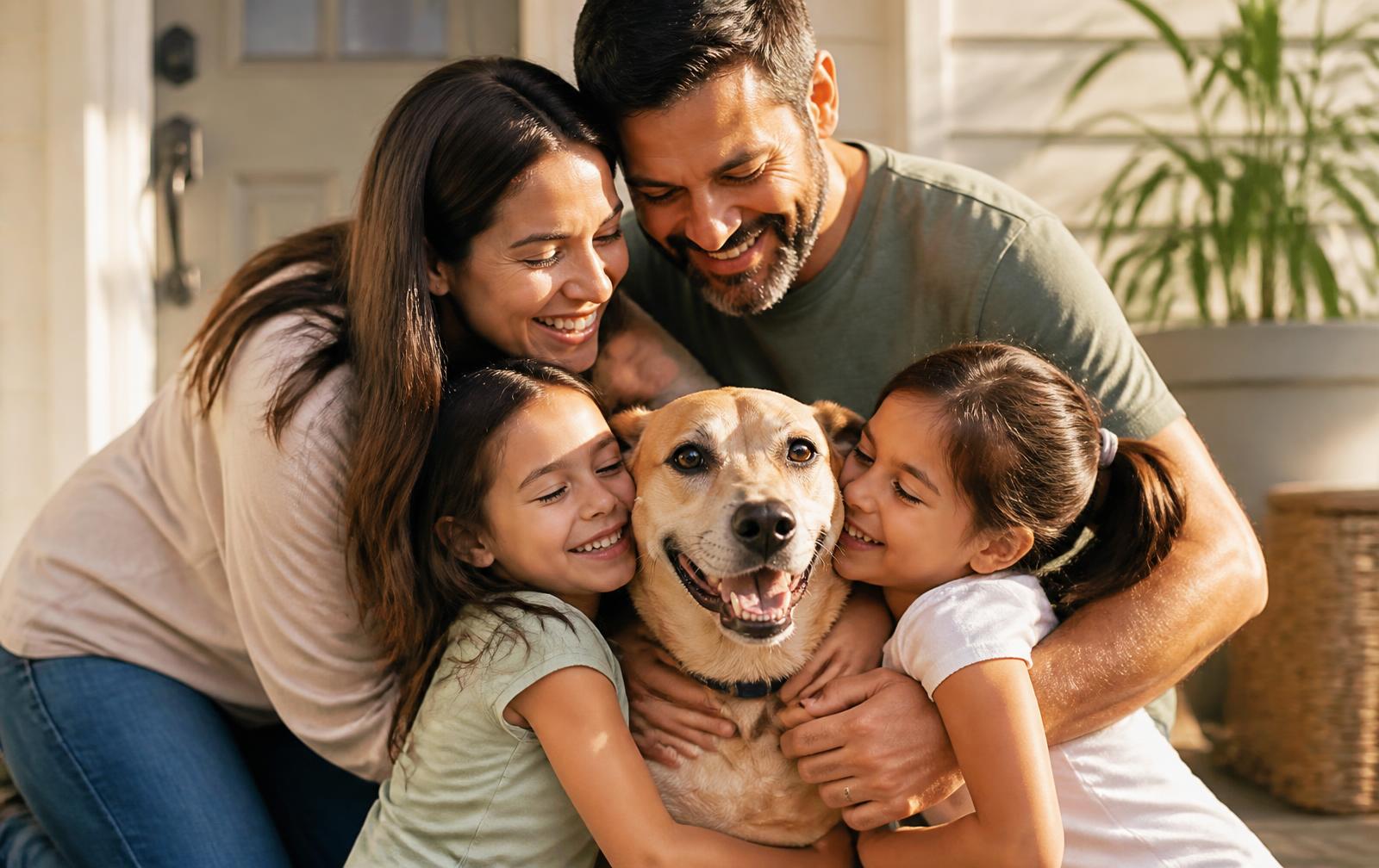 A family hugging their newly adopted dog on a sunny porch