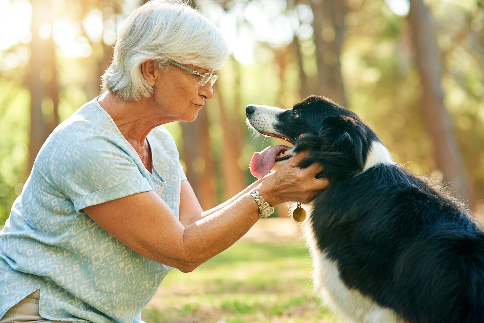 A senior woman greeting her dog on a woodland path
